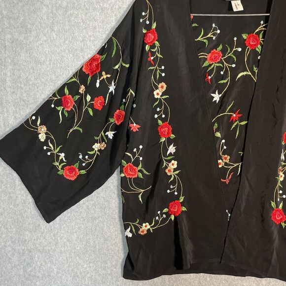 Ania A OPen Cardigan Kimono Womens M Black Embroidered Silk Top Floral Artsy - Picture 2 of 15